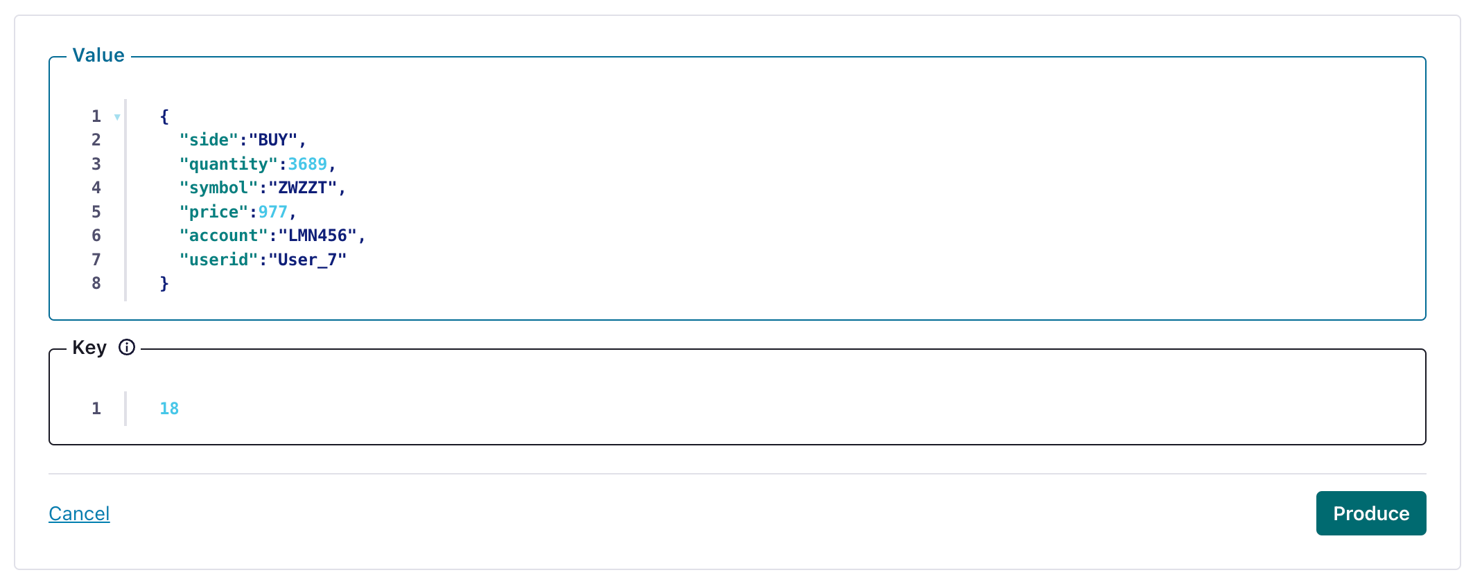 И�нтерфейс Confluent Cloud, показывающий, как создать тестовое сообщение в топике Kafka