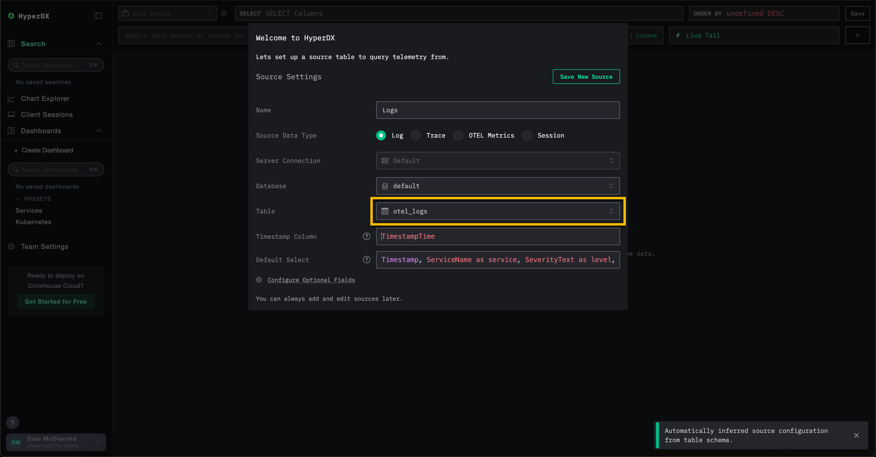 Источник данных ClickHouse Cloud в HyperDX